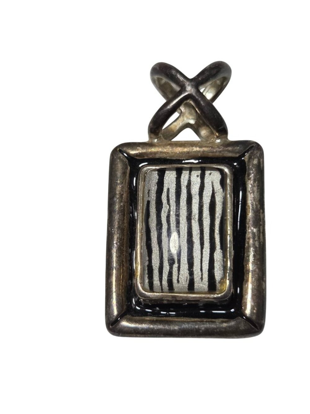 Vintage Artistic Resin Zebra Stripe Rectangle Pendant Silver Tone Cross Bail